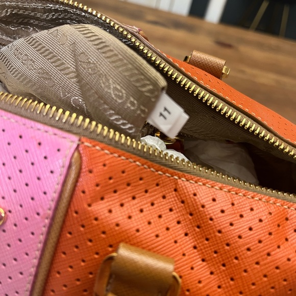 PRADA Boston Papaya Caramel Pink Saffiano Fori Perforated Satchel - Picture 5 of 13
